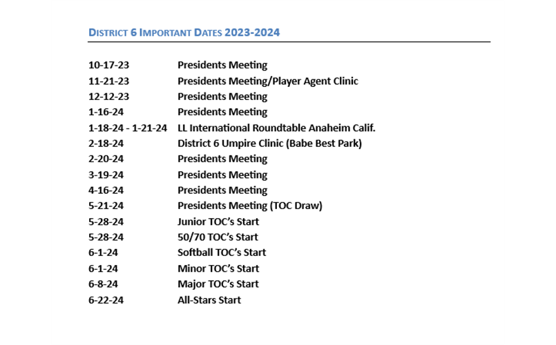 Important Dates for District 6 (2023-24)